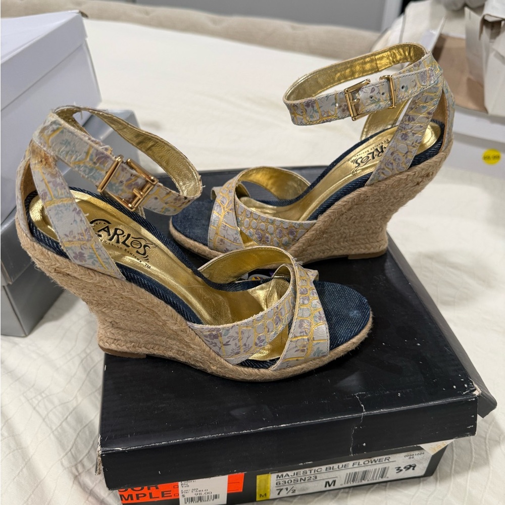 Carlos Santana Gold and Blue Wedge Sandals